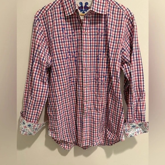 Robert Graham Dress Shirt Medium Classic Fit Red White Gingham Check Paisley - Picture 1 of 11